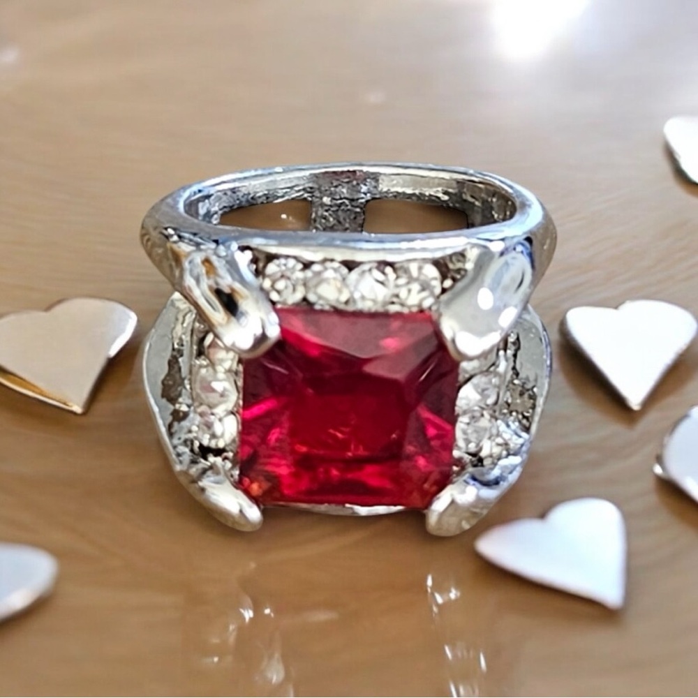 Red Stone with Rhinestones Silver Ring